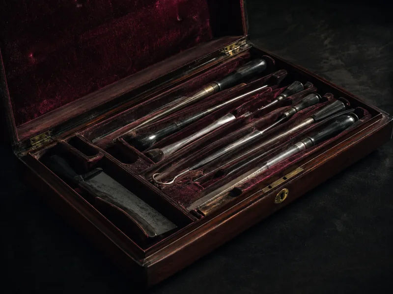 Victorian-style cased surgical instrument set with velvet lining (illustrative)